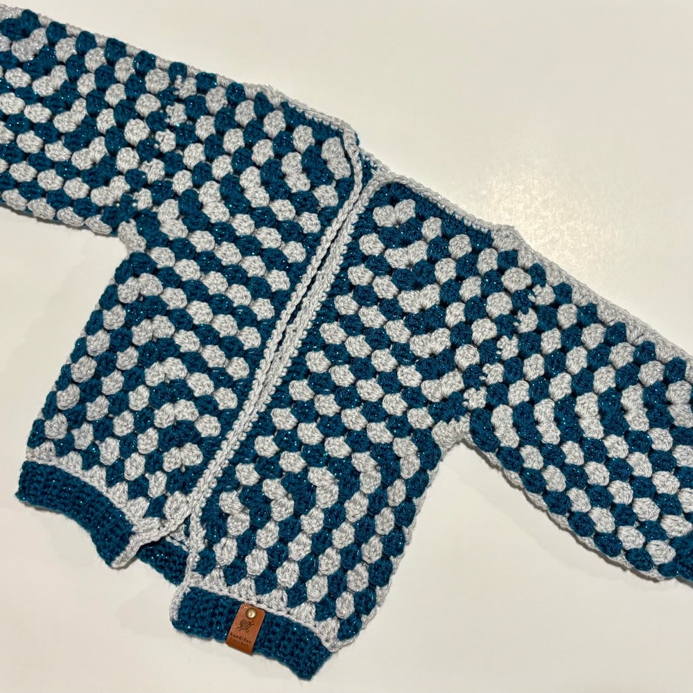 Toddler Crochet Cardigan - Teal and Silver